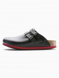 Birkenstock black and red leather clogs