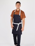 Blue waiter's apron with white ribbons