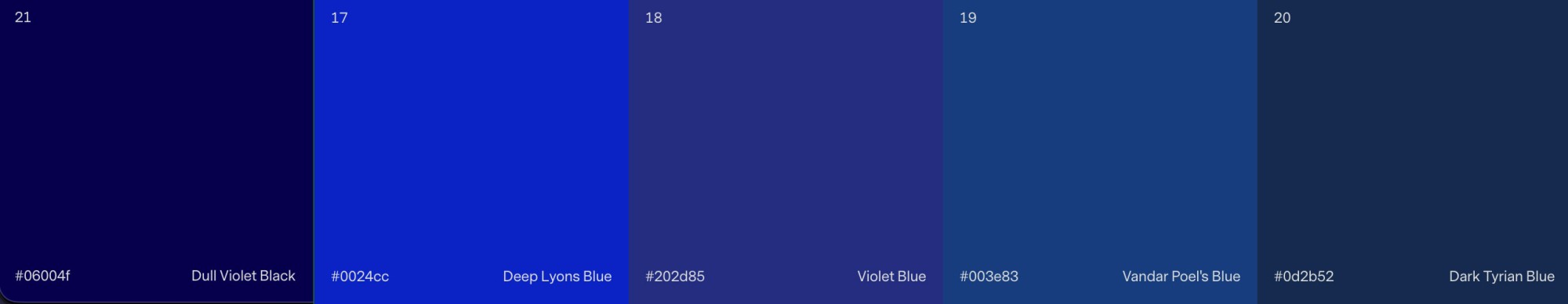 Paleta de cinco tonos de azul del Diccionario de combinaciones de color de Sanzo Wada Paleta de cinco tonos de azul del Diccionario de combinaciones de color de Sanzo Wada