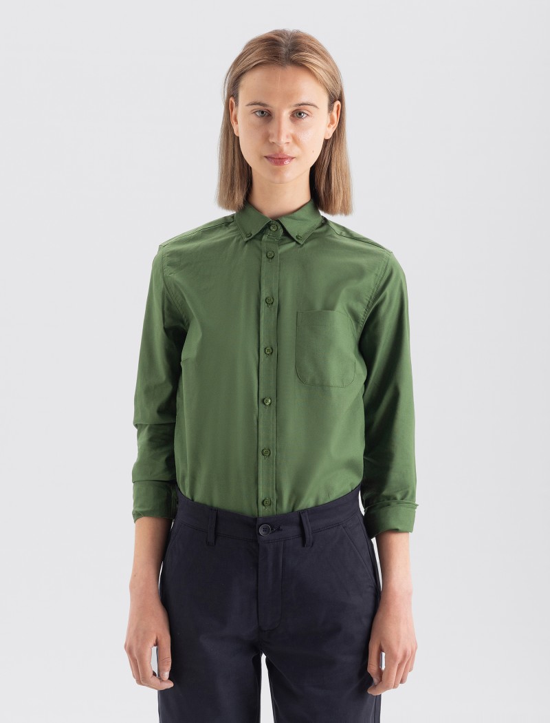 Camisa de uniforme verde de qualidade superior em algodão orgânico Camisa Oxford Mulher - Forest