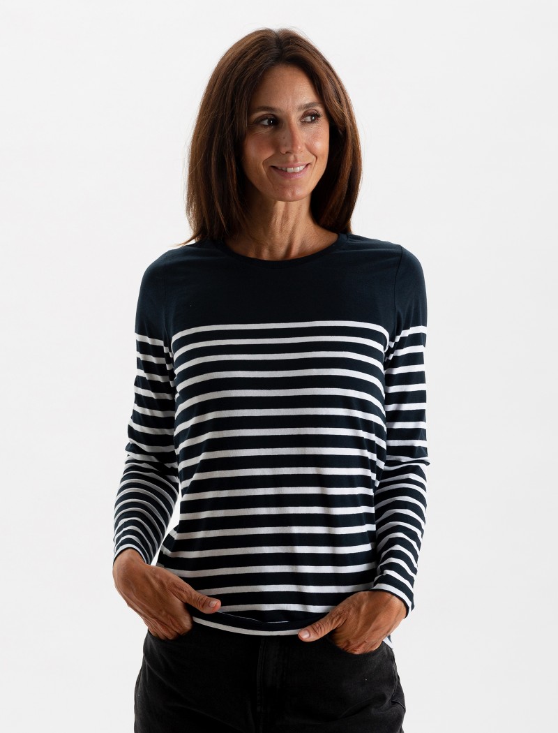 Blau gestreiftes langärmeliges Damen-T-Shirt  Blau gestreiftes langärmeliges Damen-T-Shirt