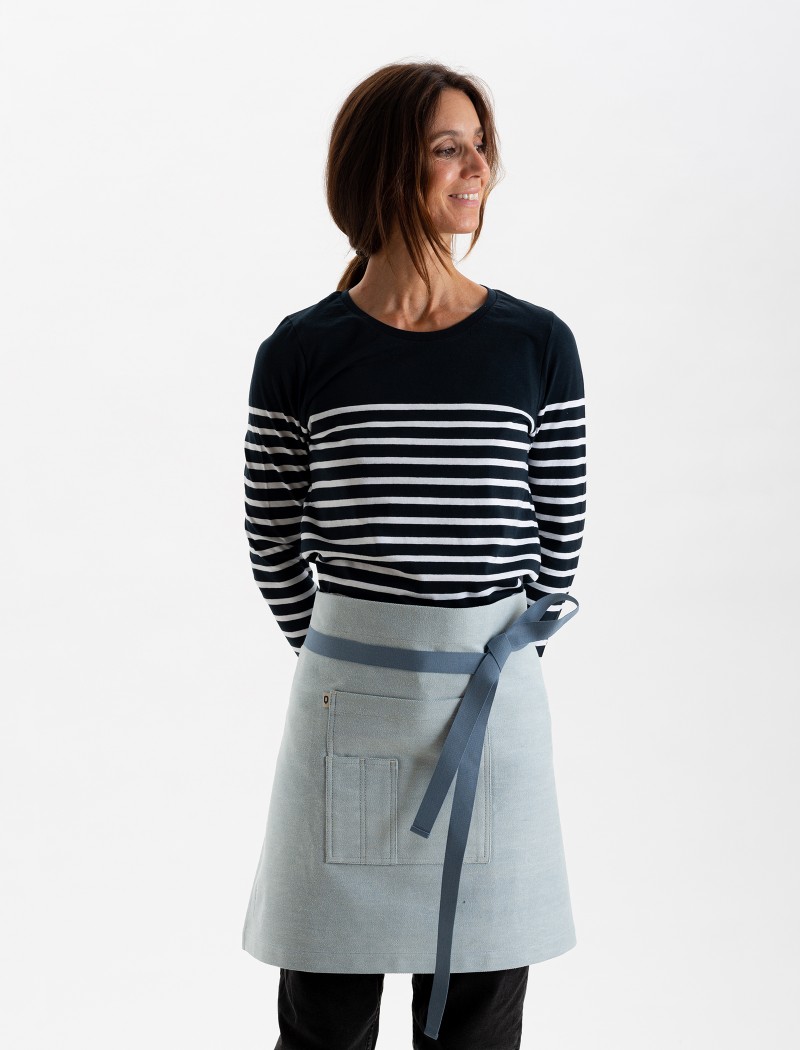 Langärmeliges Damen-T-Shirt mit Rundhalsausschnitt und blau-weißem Streifenmuster Langärmeliges Damen-T-Shirt mit Rundhalsausschnitt und blau-weißem Streifenmuster