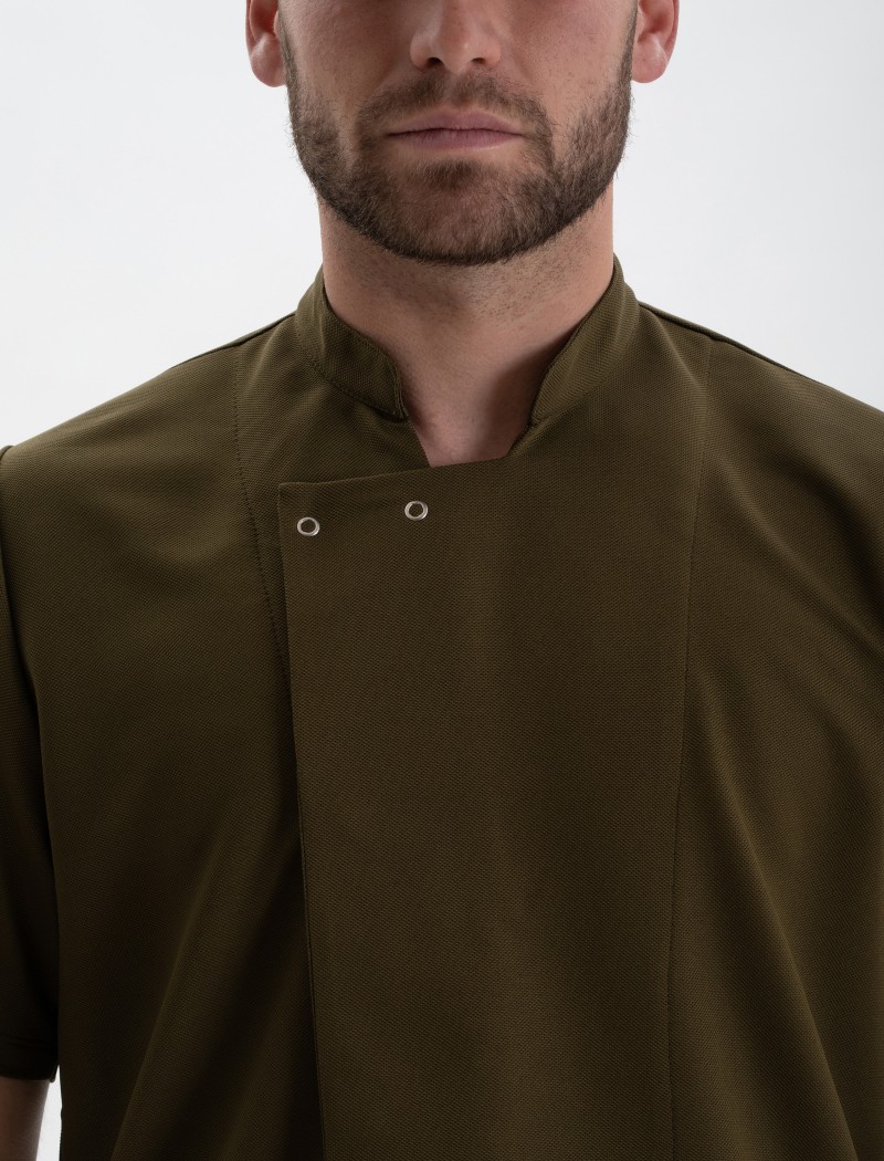 Green chef's jacket detail Green chef's jacket detail