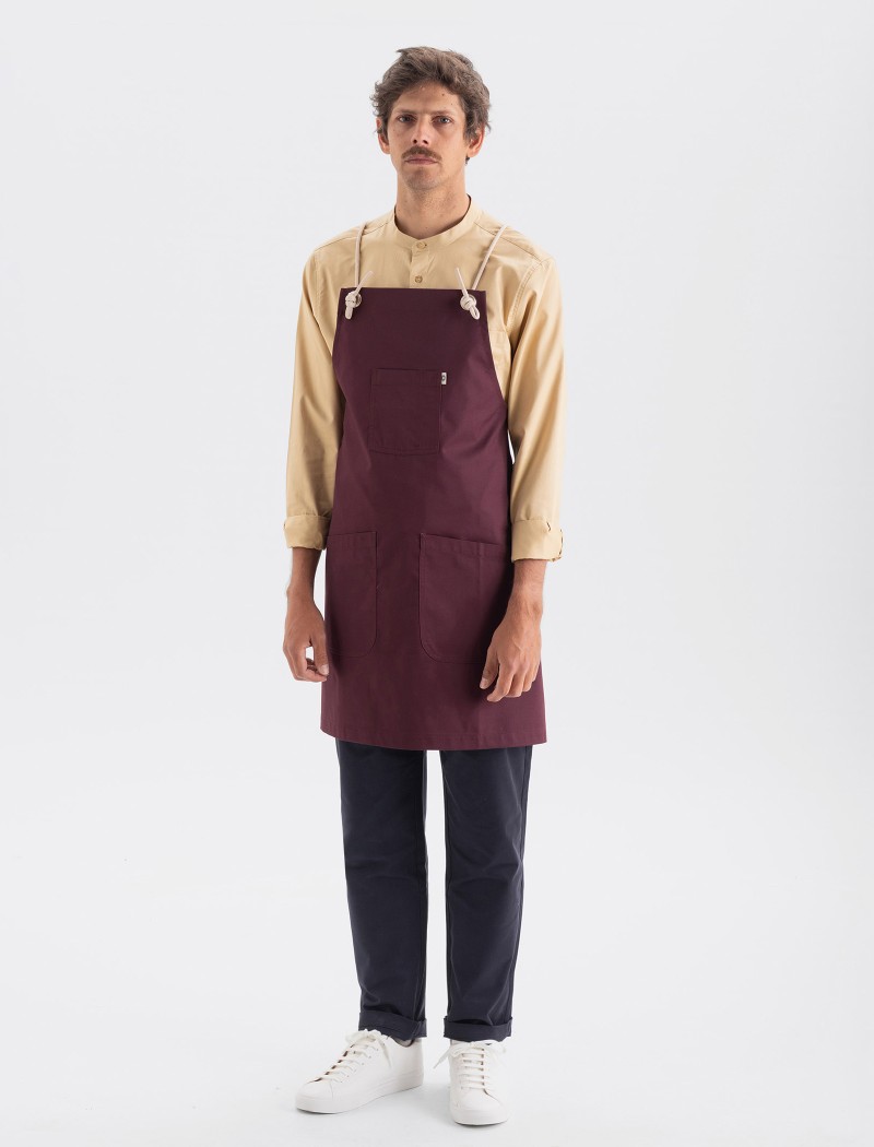 Burgundy waiter apron with cross-back straps
Kab Berry Apron
