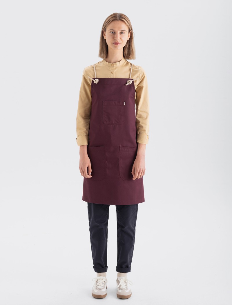 Burgundy waitress apron with cross-back straps
Kab Berry Apron